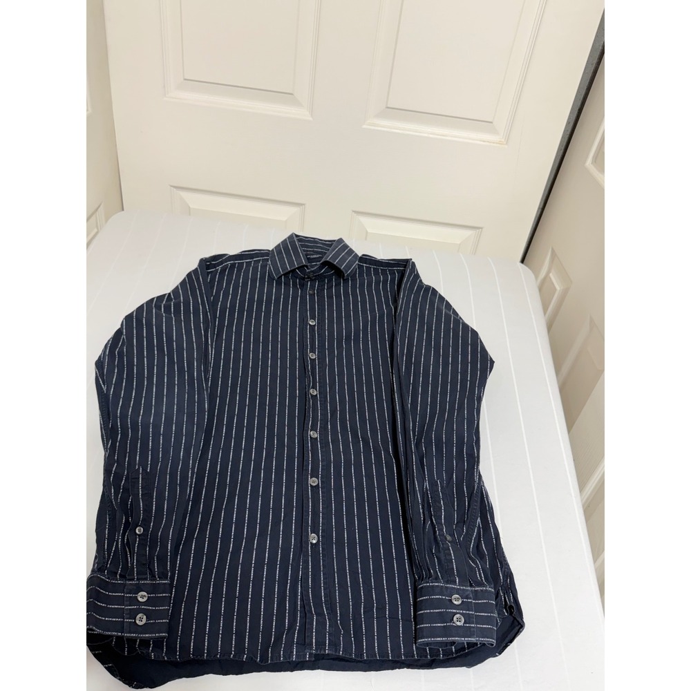Burberry London Mens Navy Blue Logo Pinstripe Cotton Button Down Shirt S